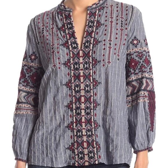 Johnny Was Tops - Johnny Was Womens Embroidered Boho Tunic Top Blue Red Long Sleeve Size M